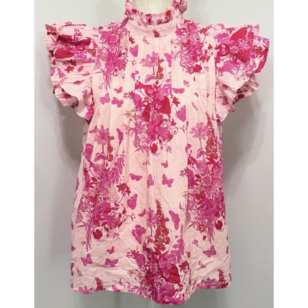 Victoria Dunn Beaufort Blouse Secret Garden Preppy Pink Ruffle Flutter Sleeve XS